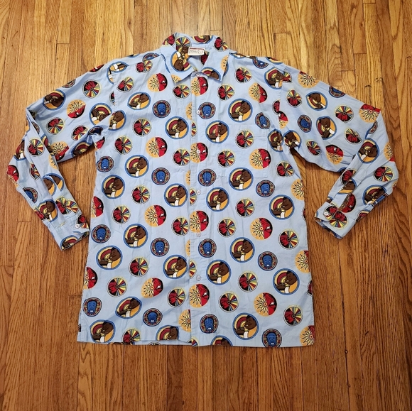 FUBU Platinum FAT Albert Mens Button Down Shirt Size L All Over Print Baby Blue - Picture 1 of 7